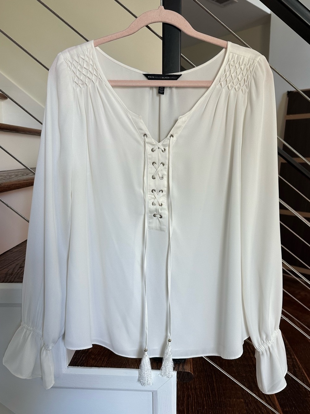 White House Black Market Ivory Long Sleeve Bell Wrist Blouse Tie Tassel  Size 10